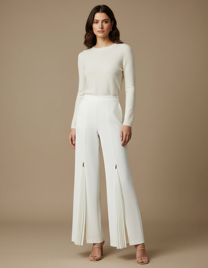 Pantalon À Pince Blanc Plissé Fluide Élégant Femme - Polyester