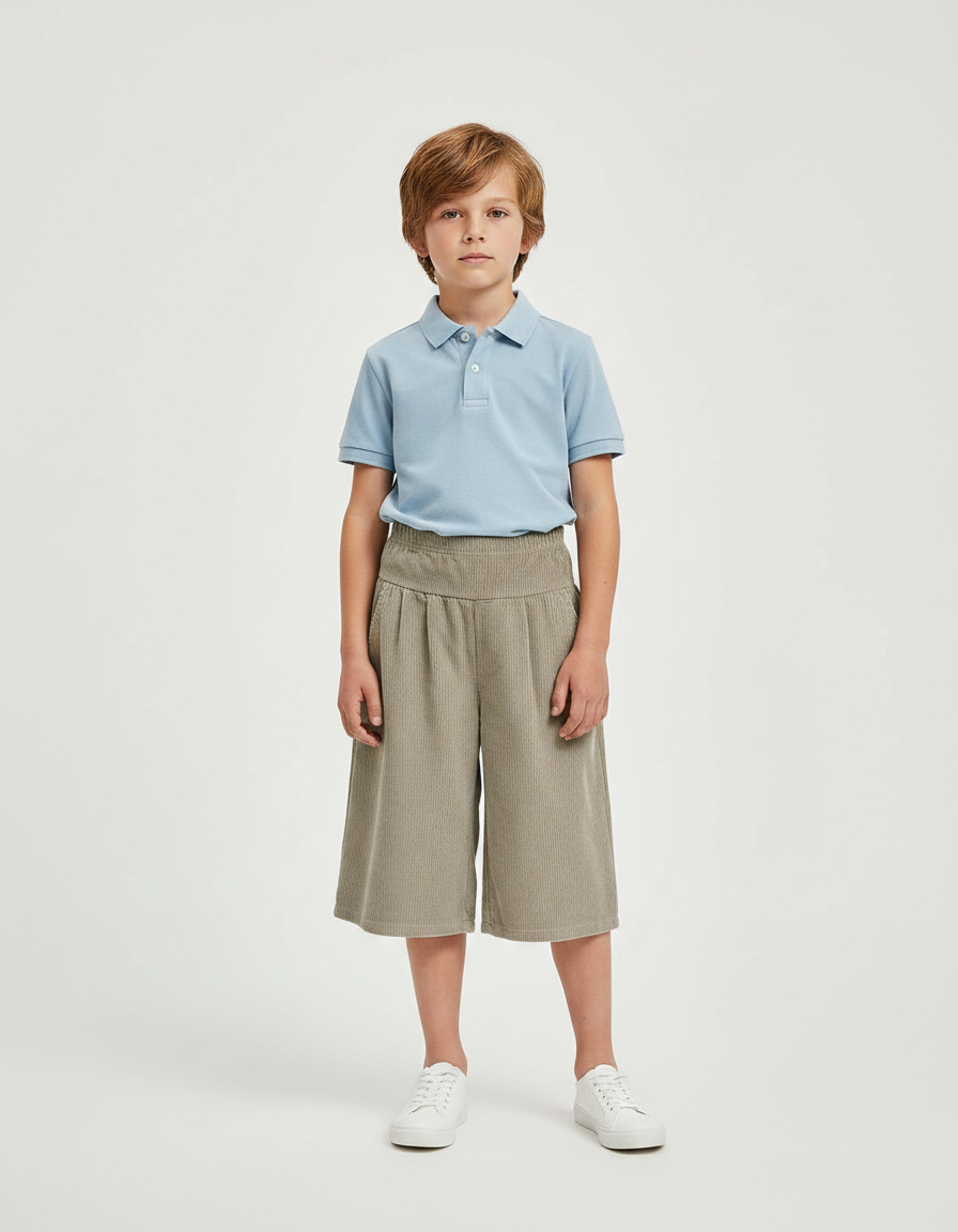 Pantalon À Pince Côtelé Ample Décontracté Enfant - Kaki Cordé