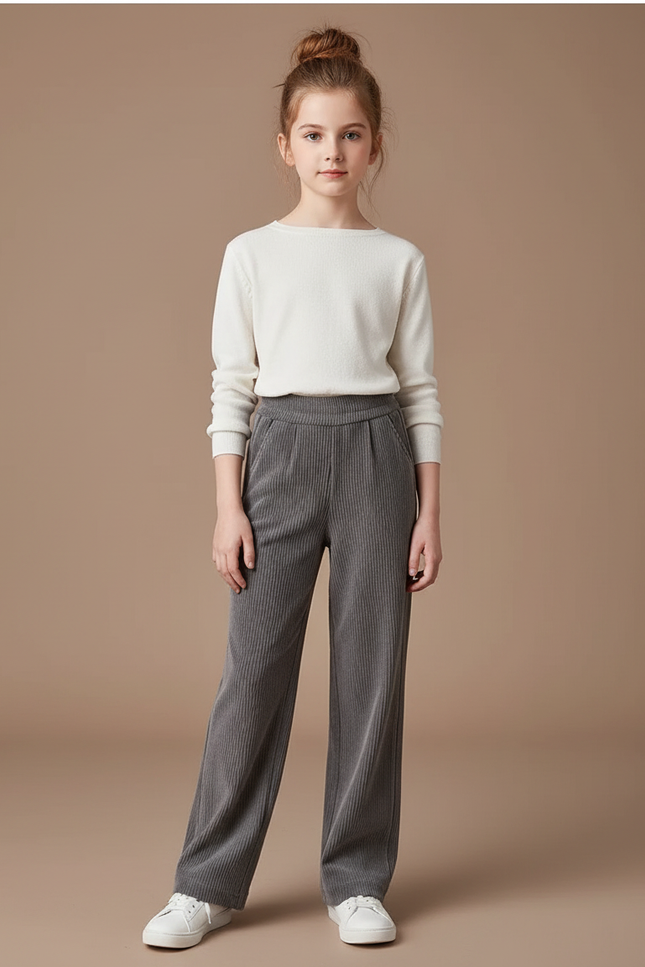 Pantalon À Pince Gris Côtelé Ample Décontracté Fluide - Cordé