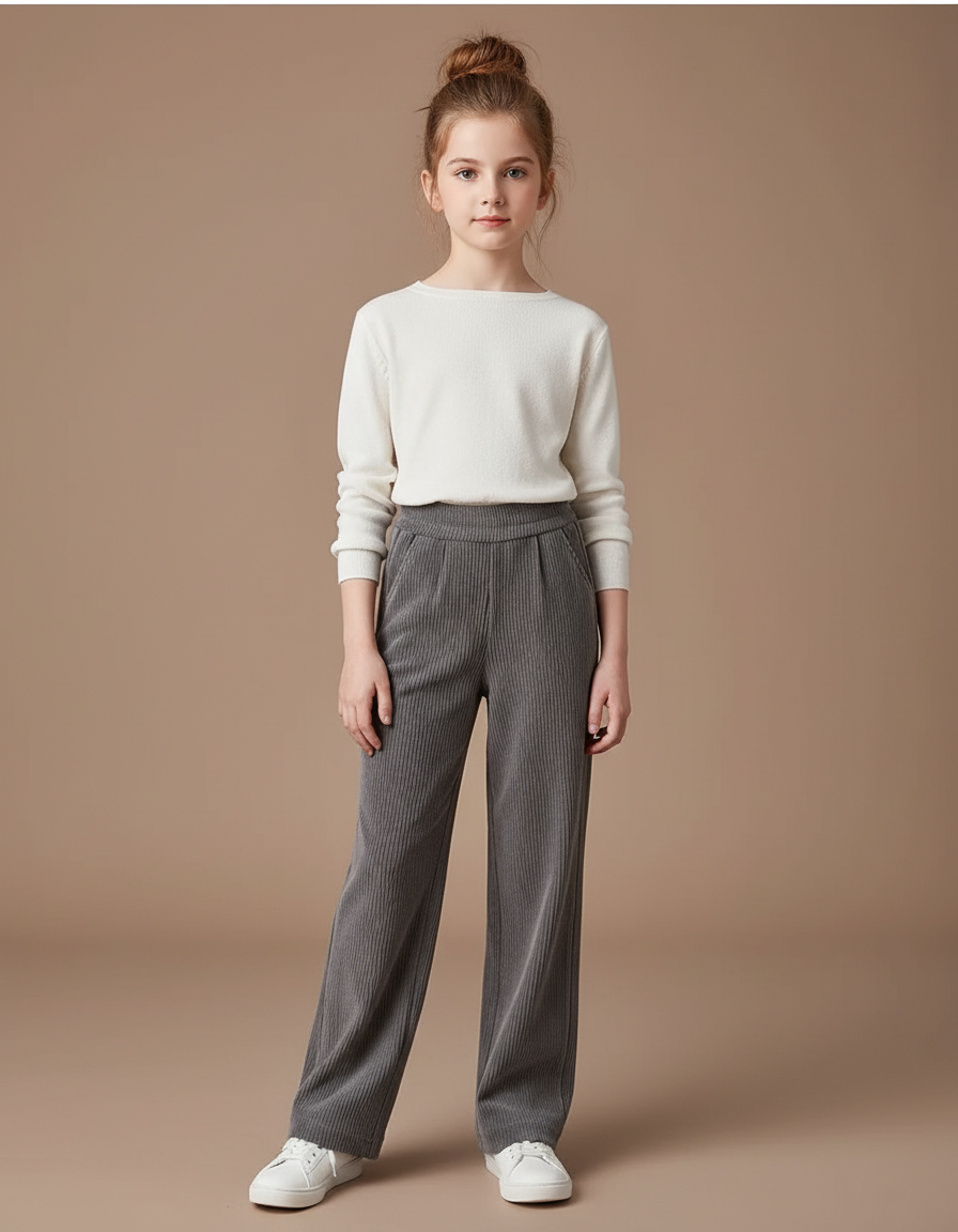 Pantalon À Pince Gris Côtelé Ample Décontracté Fluide - Cordé