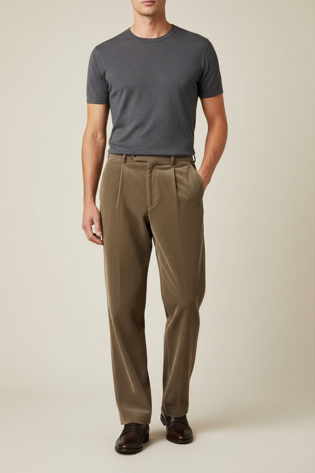 Pantalon À Pince Côtelé Marron Plissé Ample Décontracté Homme - Cordé