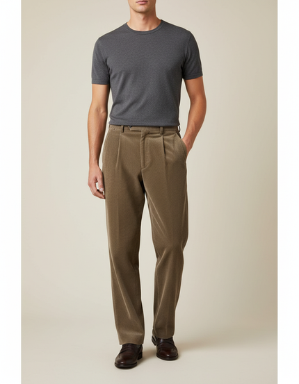 Pantalon À Pince Côtelé Marron Plissé Ample Décontracté Homme - Cordé
