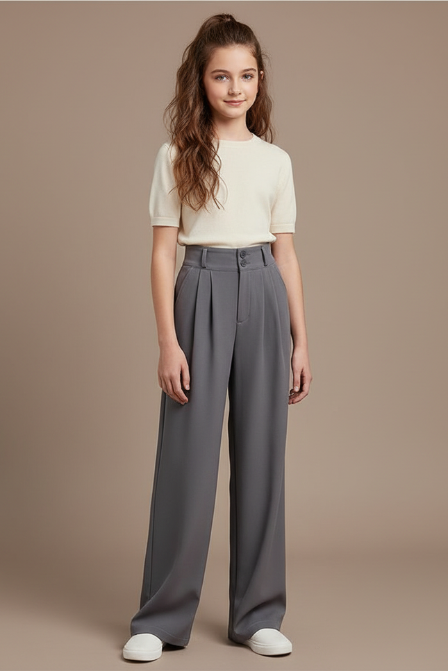 Pantalon À Pince Gris Fluide Élégant Taille Haute Fille - Polyester