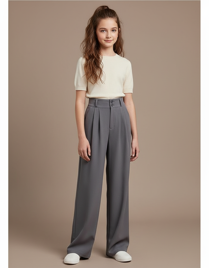 Pantalon À Pince Gris Fluide Élégant Taille Haute Fille - Polyester