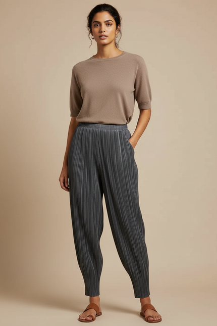 Pantalon À Pince Plissé Fluide Gris Décontracté Femme - Polyester