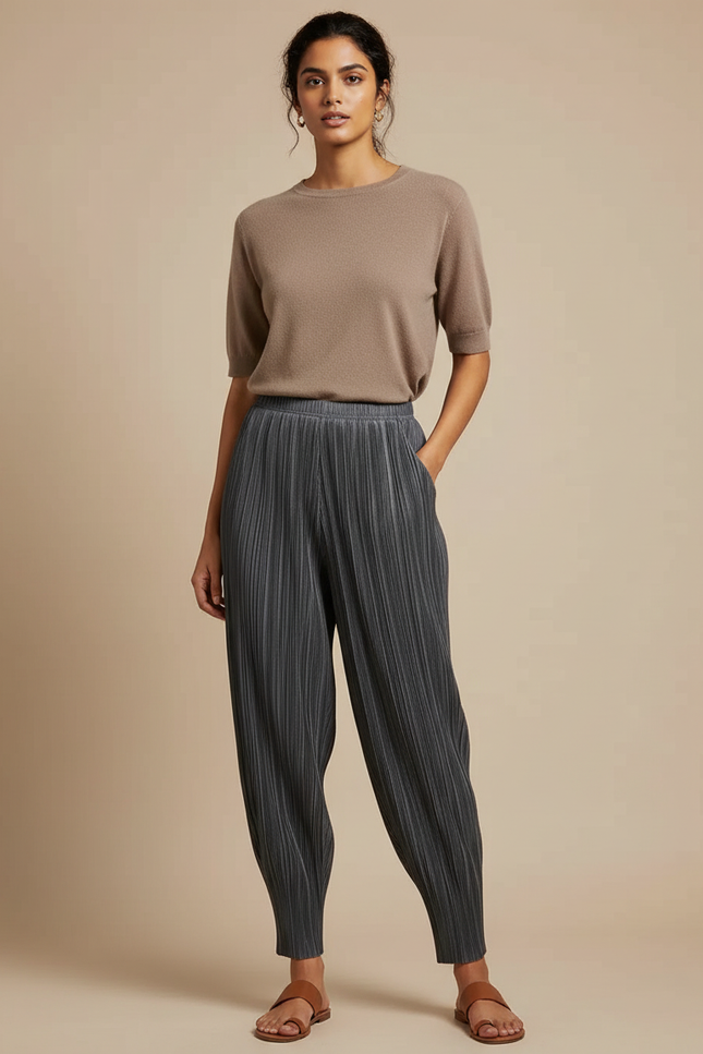 Pantalon À Pince Plissé Fluide Gris Décontracté Femme - Polyester