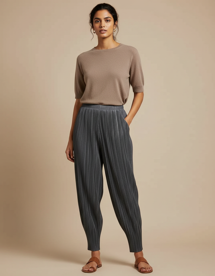 Pantalon À Pince Plissé Fluide Gris Décontracté Femme - Polyester