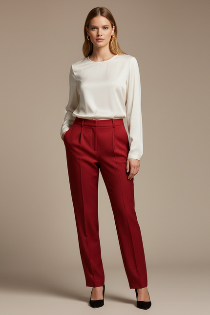 Pantalon À Pince Rouge Droit Élégant Femme - Gabardine