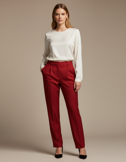 Pantalon À Pince Rouge Droit Élégant Femme - Gabardine
