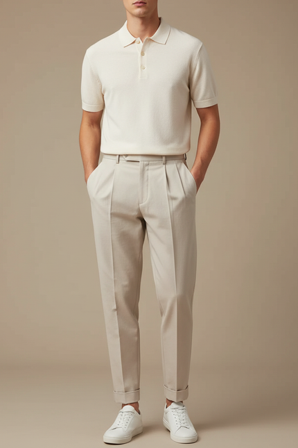 Pantalon À Pince Beige Plissé Tapered Élégant Homme - Gabardine