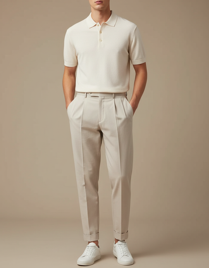 Pantalon À Pince Beige Plissé Tapered Élégant Homme - Gabardine