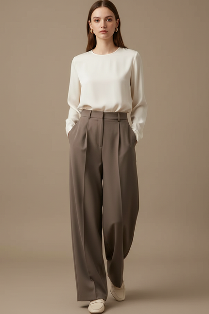 Pantalon À Pince Marron Ample Plissé Fluide Élégant - Polyester