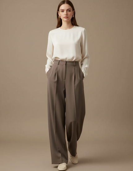 Pantalon À Pince Marron Ample Plissé Fluide Élégant - Polyester