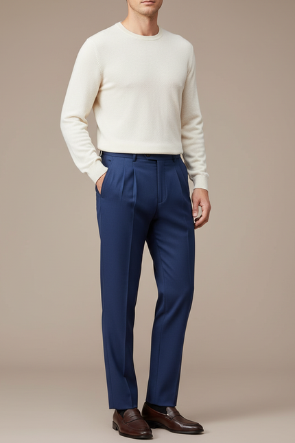 Pantalon À Pince Bleu Marine Plissé Droit Élégant Homme - Laine