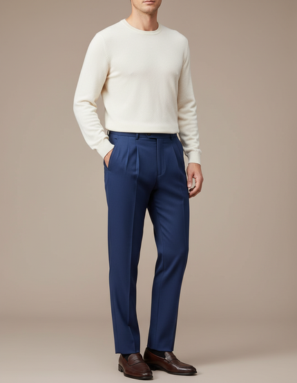 Pantalon À Pince Bleu Marine Plissé Droit Élégant Homme - Laine