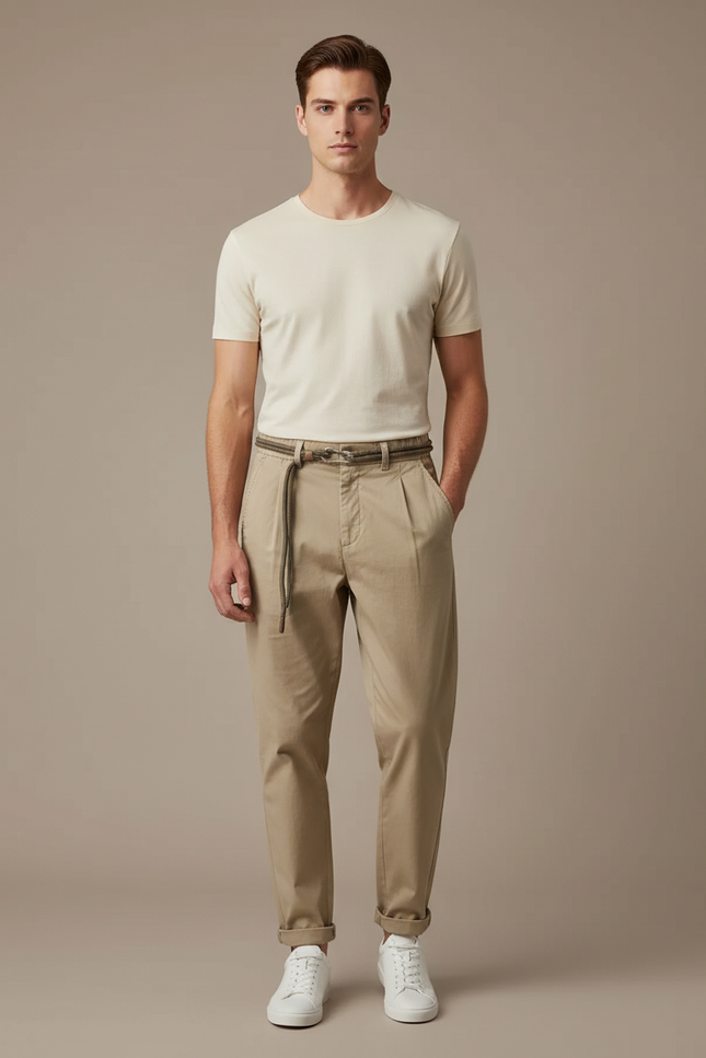 Pantalon À Pince Beige Coton Décontracté Homme Moderne