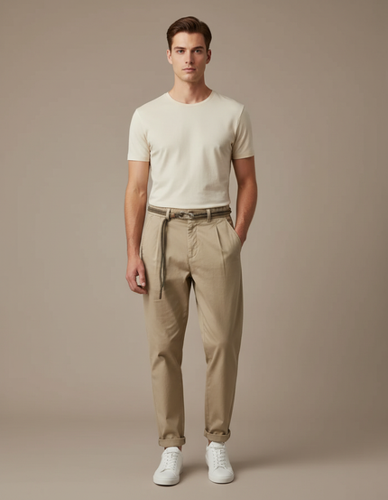 Pantalon À Pince Beige Coton Décontracté Homme Moderne