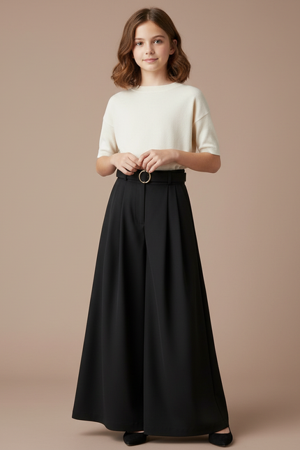 Pantalon À Pince Noir Ample Fluide Élégant Taille Haute - Polyester