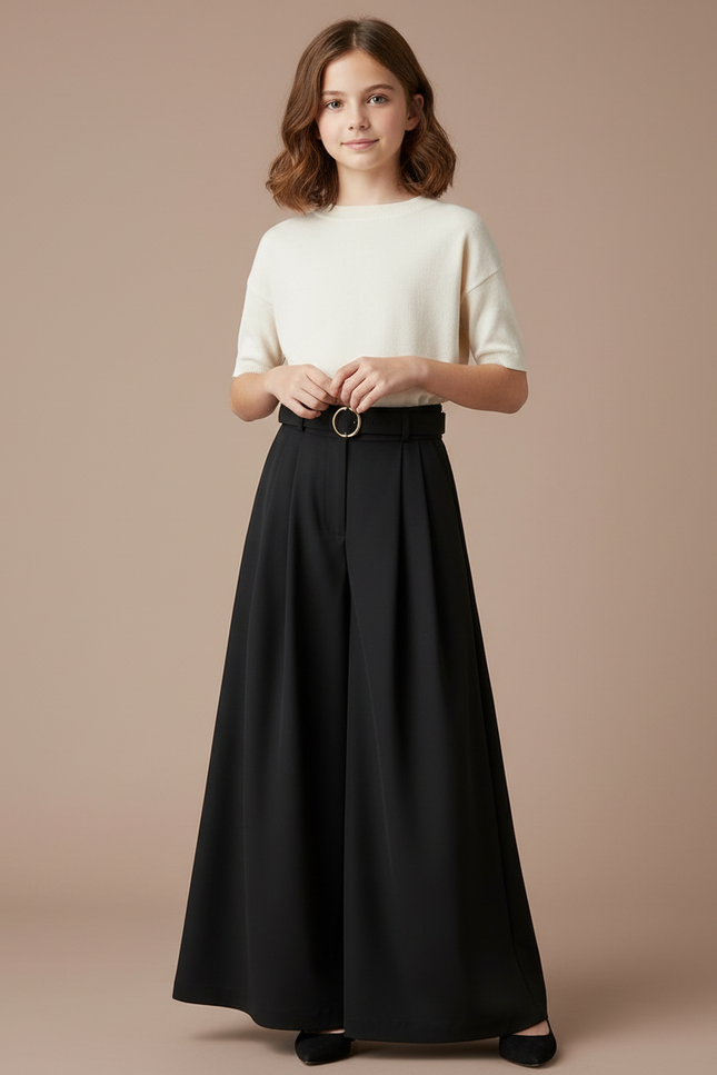 Pantalon À Pince Noir Ample Fluide Élégant Taille Haute - Polyester