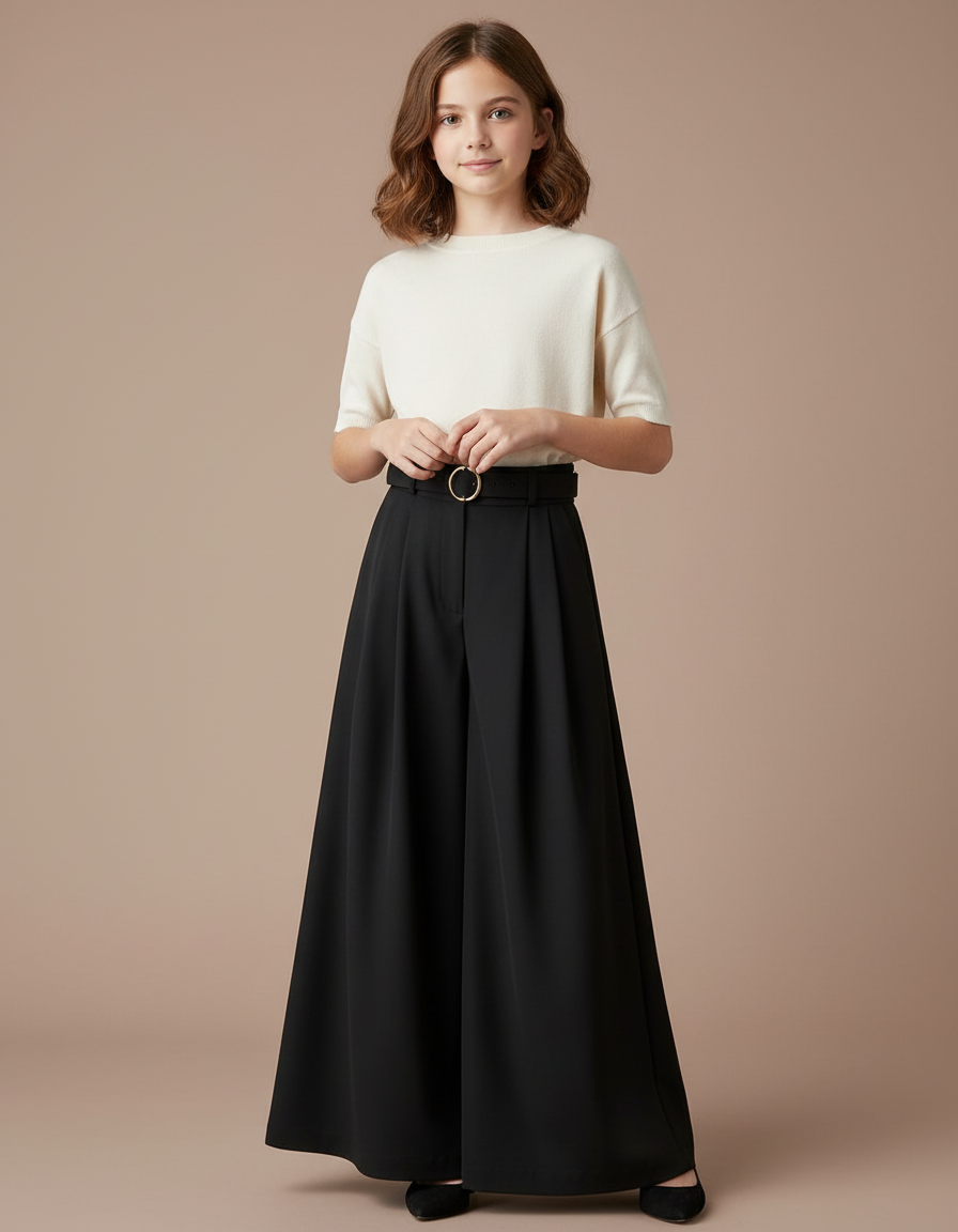 Pantalon À Pince Noir Ample Fluide Élégant Taille Haute - Polyester