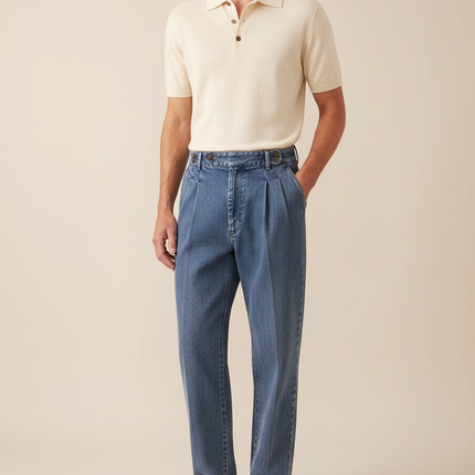 Pantalon À Pince Bleu Denim Plissé Taille Haute Décontracté - Jean