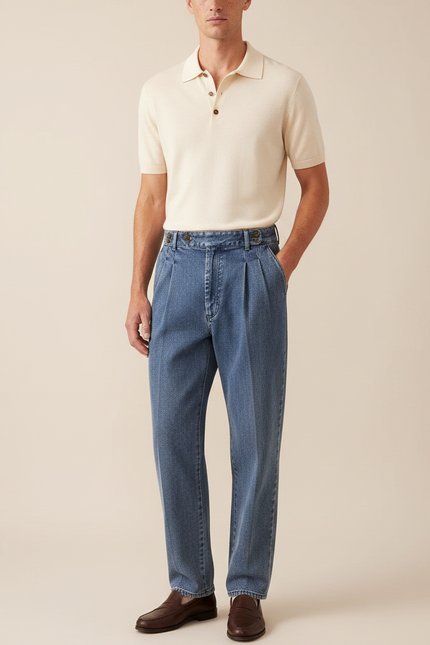 Pantalon À Pince Bleu Denim Plissé Taille Haute Décontracté - Jean