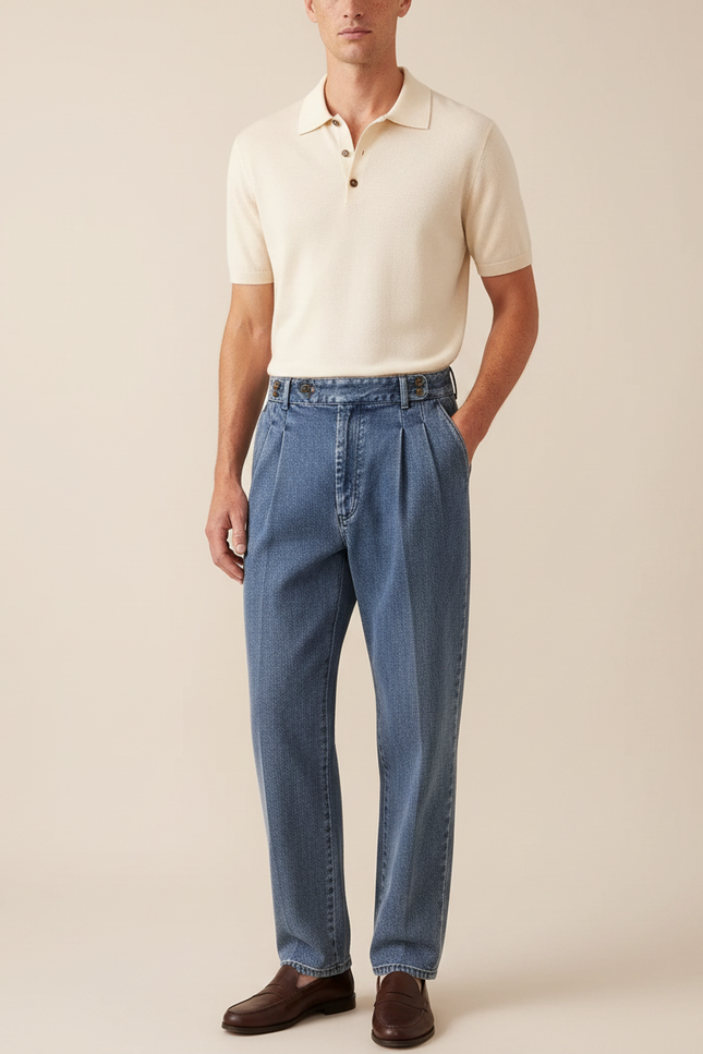 Pantalon À Pince Bleu Denim Plissé Taille Haute Décontracté - Jean