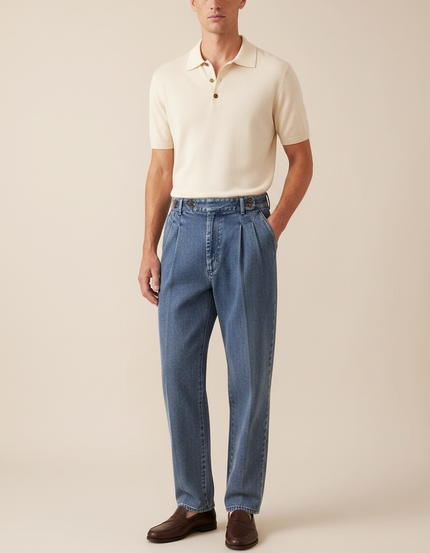 Pantalon À Pince Bleu Denim Plissé Taille Haute Décontracté - Jean