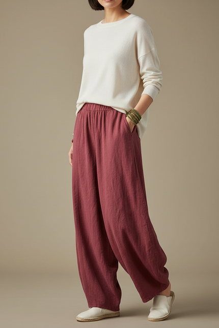 Pantalon À Pince Rouge Brique Lin Ample Décontracté Femme - Bordeaux