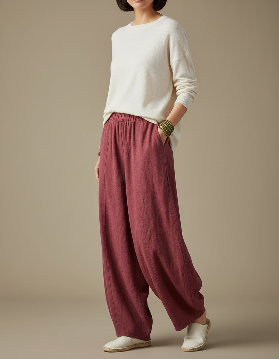 Pantalon À Pince Rouge Brique Lin Ample Décontracté Femme - Bordeaux
