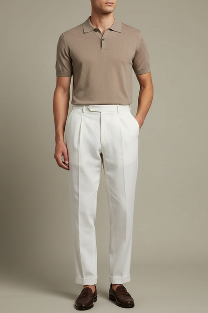 Pantalon À Pince Blanc Plissé Droit Lin Léger