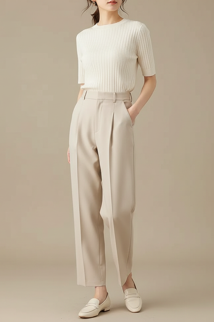 Pantalon À Pince Beige Taille Haute Élégant Fuselé Femme - Polyester