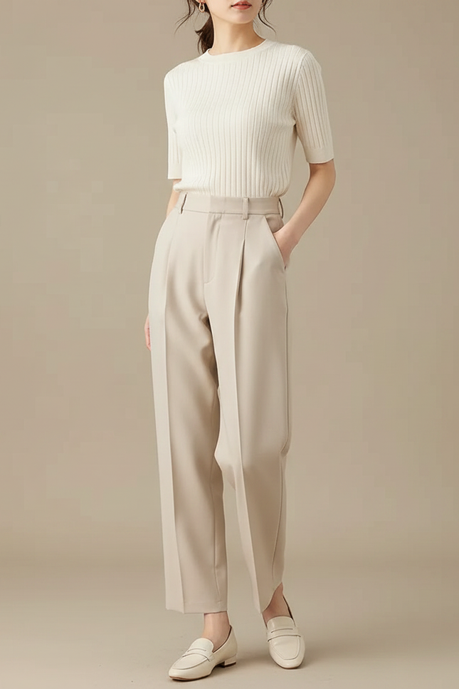 Pantalon À Pince Beige Taille Haute Élégant Fuselé Femme - Polyester