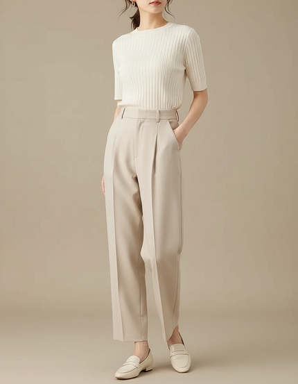 Pantalon À Pince Beige Taille Haute Élégant Fuselé Femme - Polyester