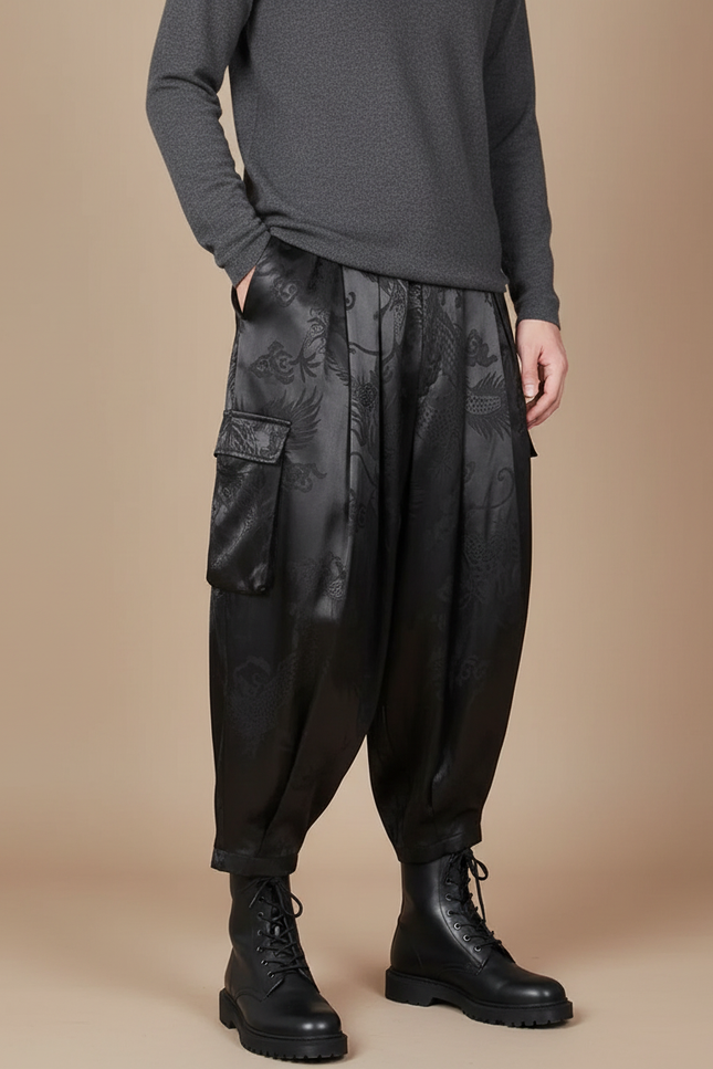 Pantalon À Pince Noir Satin Dragon Ample Cargo