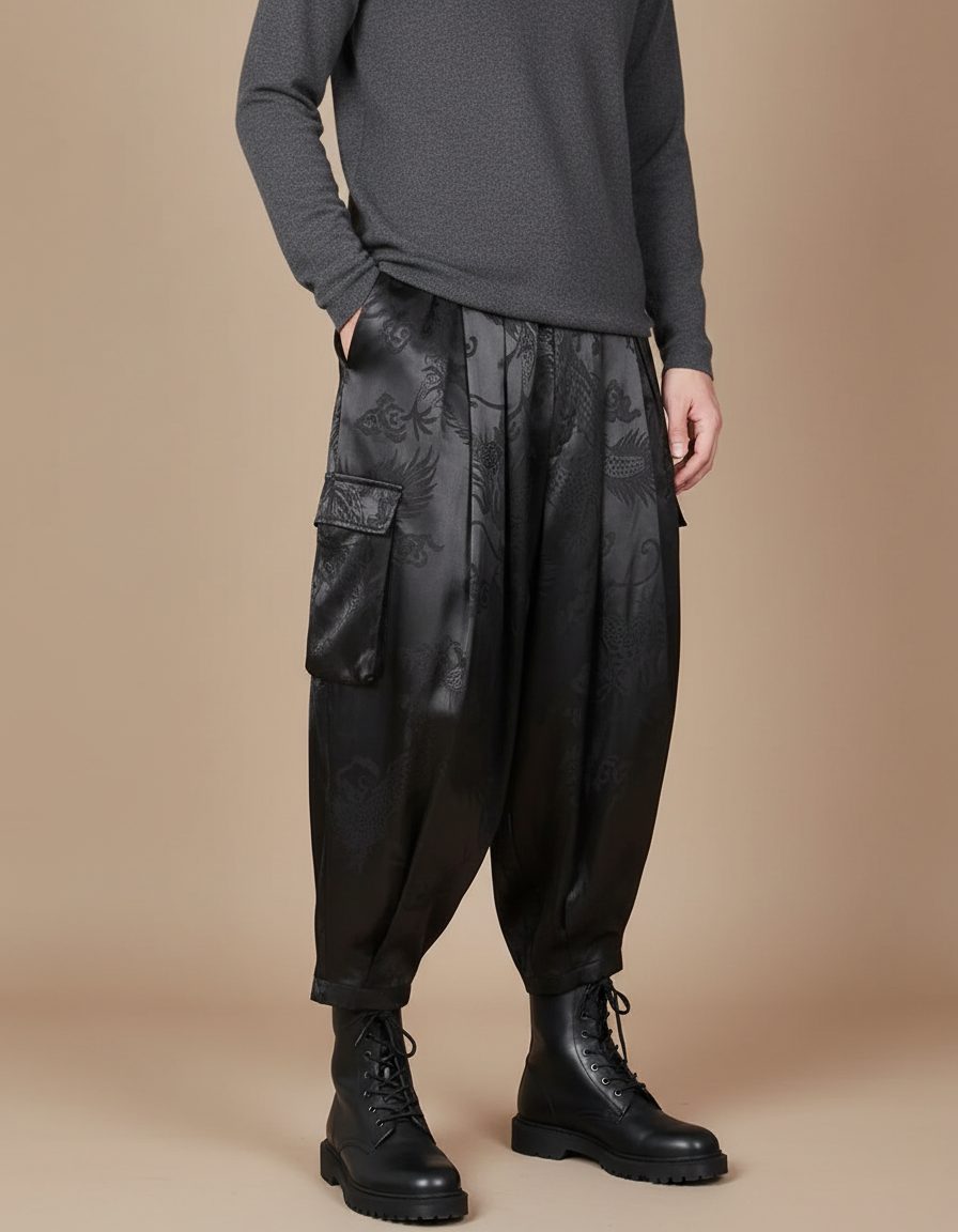 Pantalon À Pince Noir Satin Dragon Ample Cargo