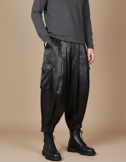 Pantalon À Pince Noir Satin Dragon Ample Cargo
