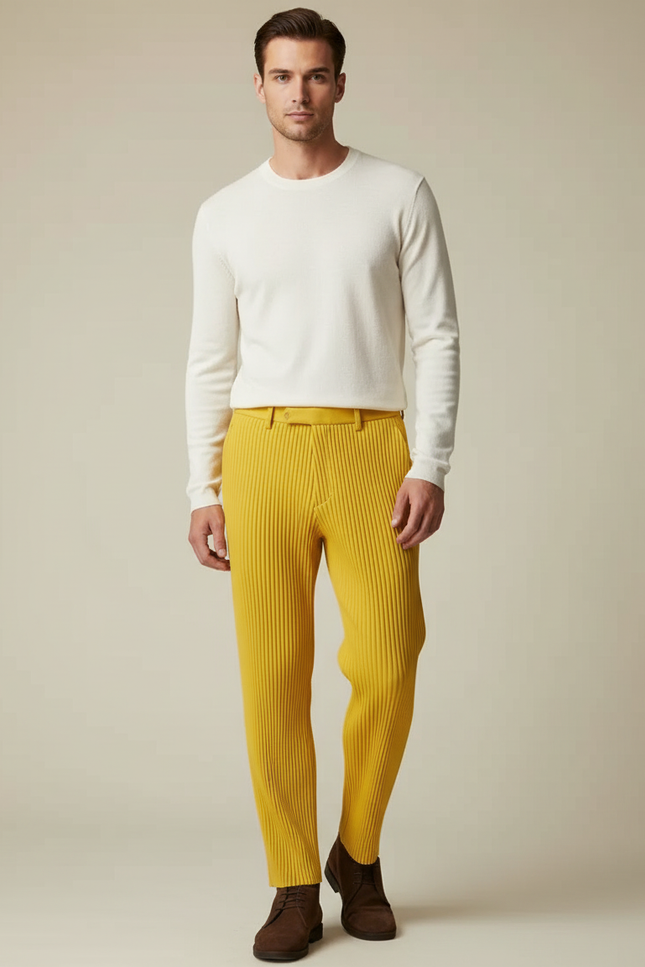 Pantalon À Pince Jaune Plissé Confortable Décontracté Homme - Maille