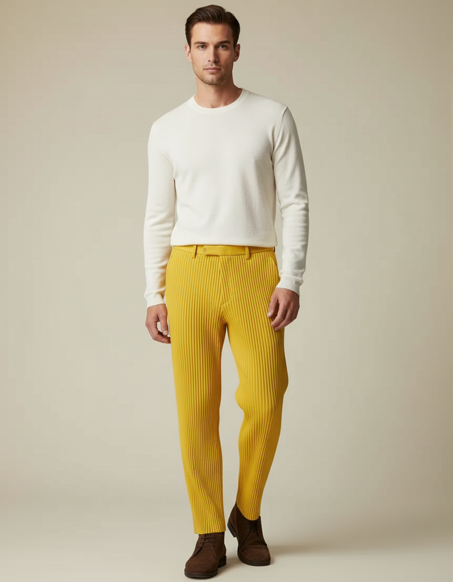 Pantalon À Pince Jaune Plissé Confortable Décontracté Homme - Maille