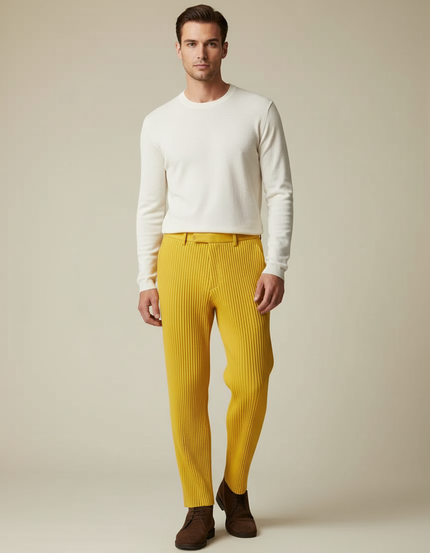 Pantalon À Pince Jaune Plissé Confortable Décontracté Homme - Maille