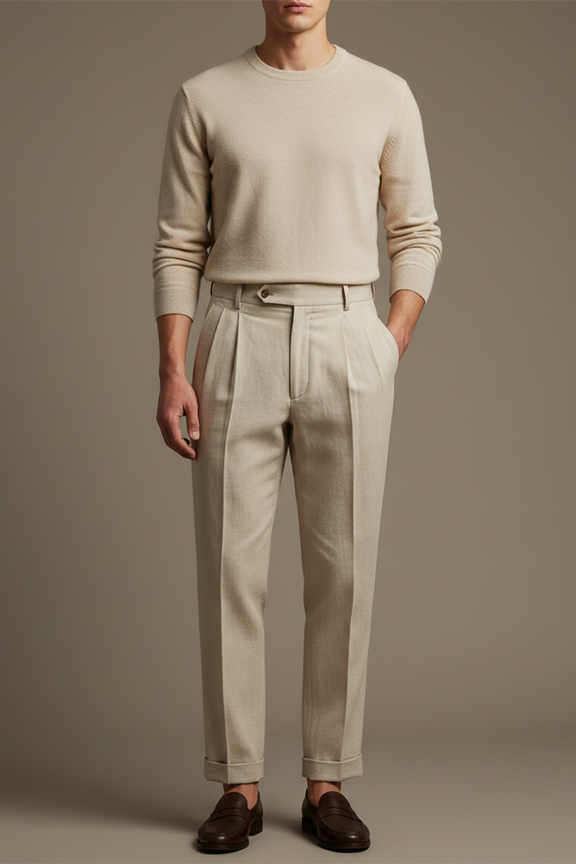 Pantalon À Pince Beige Plissé Coton Droit Élégant