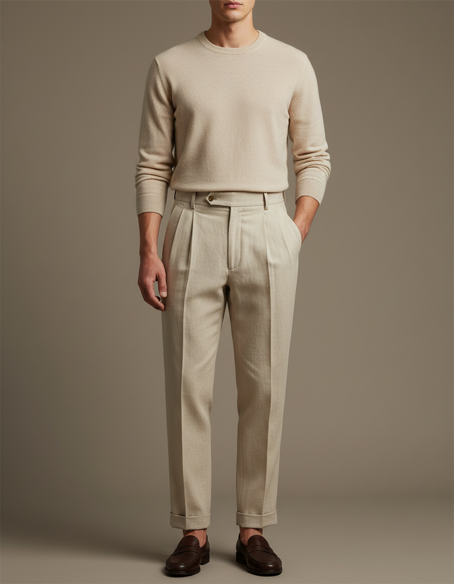 Pantalon À Pince Beige Plissé Coton Droit Élégant