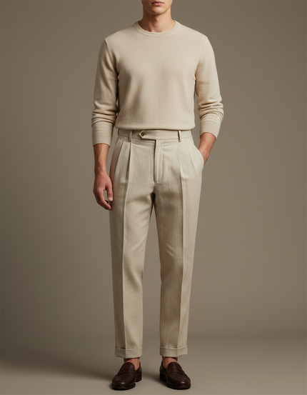 Pantalon À Pince Beige Plissé Coton Droit Élégant