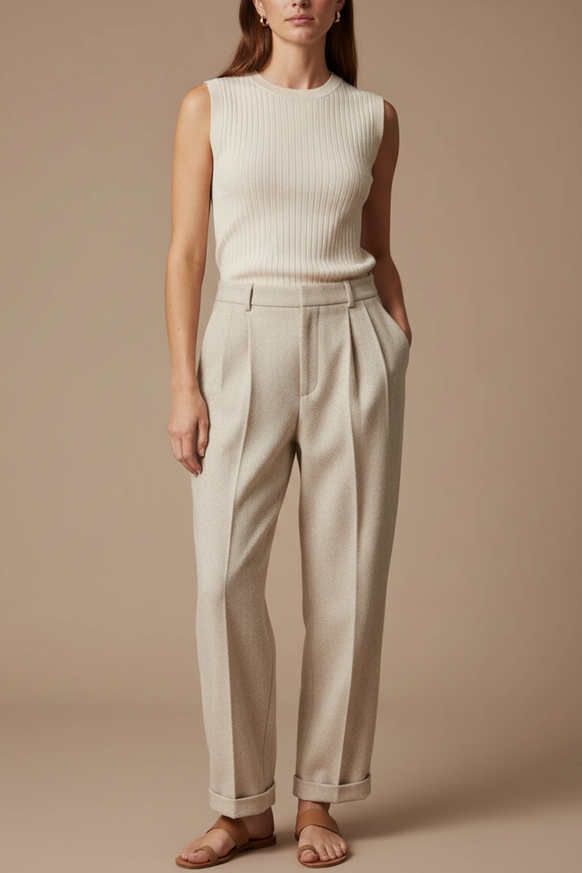 Pantalon À Pince Beige Tweed Droit Ample Décontracté