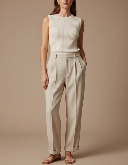 Pantalon À Pince Beige Tweed Droit Ample Décontracté