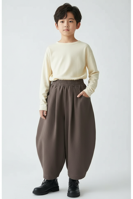 Pantalon À Pince Marron Ample Coton Décontracté Garçon - Molleton