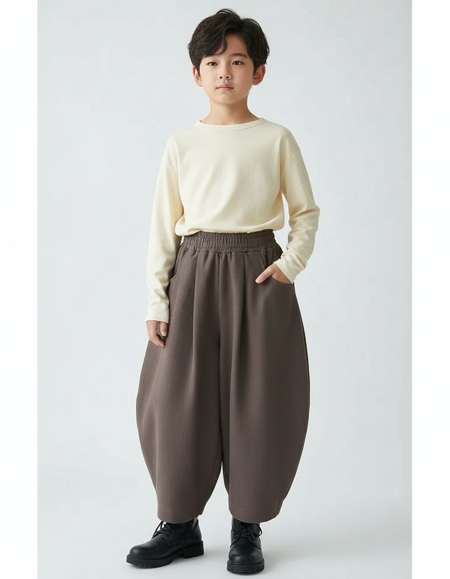 Pantalon À Pince Marron Ample Coton Décontracté Garçon - Molleton