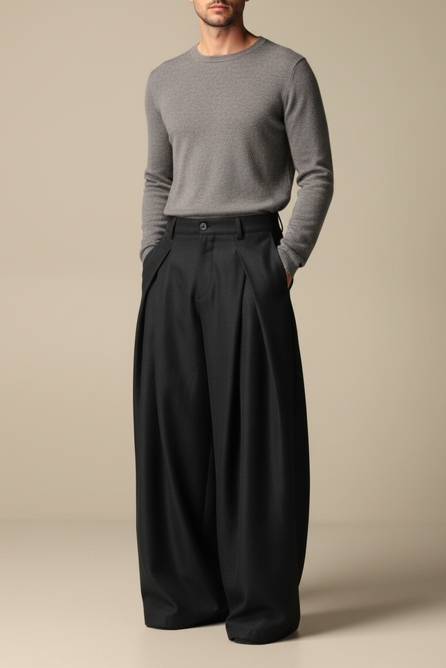 Pantalon Large À Pince Homme - Noir Laine