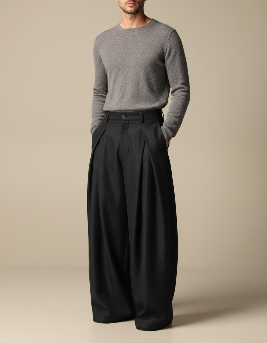 Pantalon Large À Pince Homme - Noir Laine
