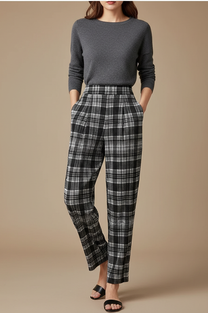 Pantalon À Pince Carreaux Noir Blanc Plissé Décontracté Fluide Femme - Imprimé Laine
